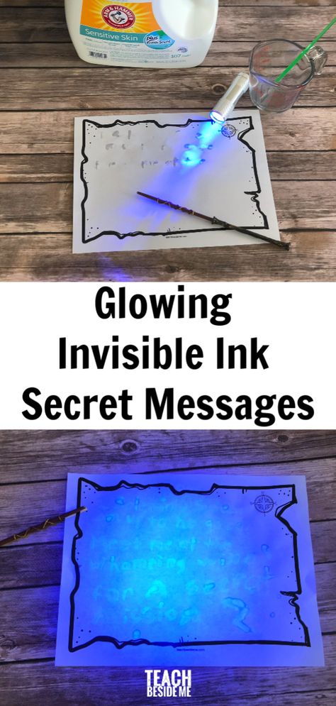 Glowing Invisible Ink Secret Messages - Teach Beside Me Harry Potter Experiments, Harry Potter Kids Activities, Making Harry Potter Potions, Harry Potter Science Experiments, Harry Potter Stem Activities, Harry Potter Camp Ideas, Wizard Activities For Kids, Invisible Ink For Kids, Harry Potter Games For Kids