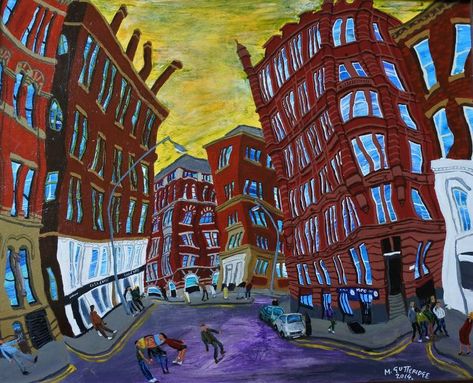 Original Art Acrylic/Ink/Wood Painting, measuring: 50W x 40H x 0.4D cm, by: Michael Gutteridge (United Kingdom). Styles: Surrealism, Expressionism, Modern. Subject: Cities. Keywords: Buildings, Red Brick, Warehouse, Manchester, Landscape, Brownstone, Street, Apartment Blocks, People, Figures, City Scene, Street Scene. This Acrylic/Ink/Wood Painting is one of a kind and once sold will no longer be available to purchase. Buy art at Saatchi Art. Street Painting, City Painting, Surrealism Painting, City Scene, Expressionism Painting, Street Scenes, City Art, Art Stuff, Architecture Art