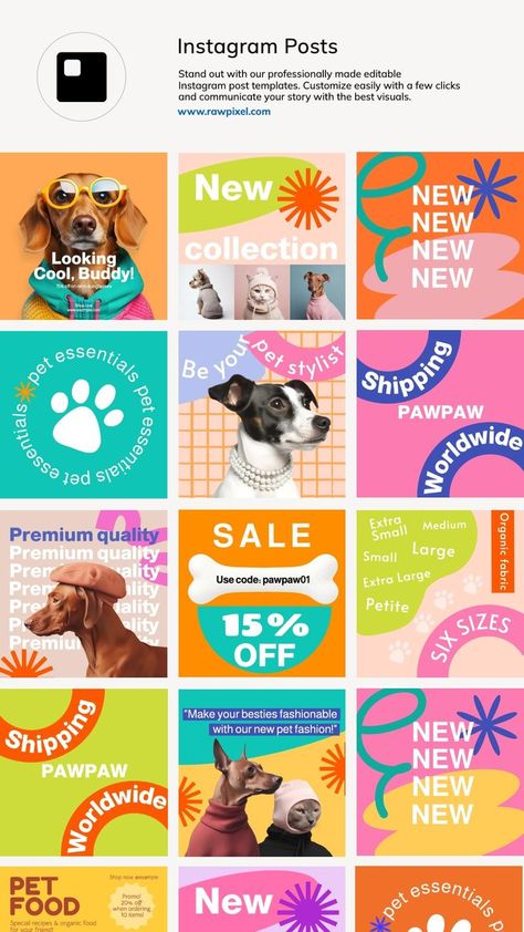 Cute social media templates that will bring the fun to your pet store promotions. Edit and download now at rawpixel.com. Vet Instagram Feed, Colorful Social Media Design, Pet Store Branding, Dog Social Media Post, Pet Social Media, Pet Instagram, Pet Store Ideas, Fun Branding, Dog Marketing