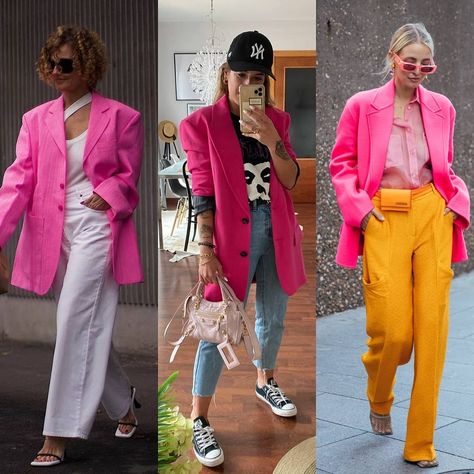 Blazer Street Style 2023, Pink Blazer Street Style, Fuschia Blazer Outfit, Blazer Outfit Street Style, Graphic Tee Street Style, Blazer Outfits Street Style, Pink Blazer Outfit, Graphic Tees Street Style, Street Style 2023