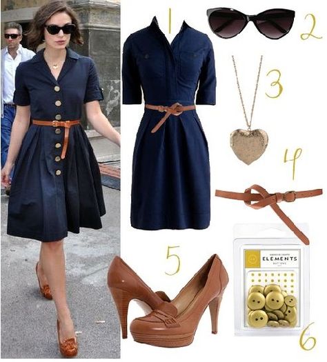 Vestido botones azul Keira Knightley Style, Navy Dress Outfits, Heeled Oxfords, Kiera Knightly, Navy Shirt Dress, Frock Dress, Brown Oxfords, Preppy Chic, Brown Wedges