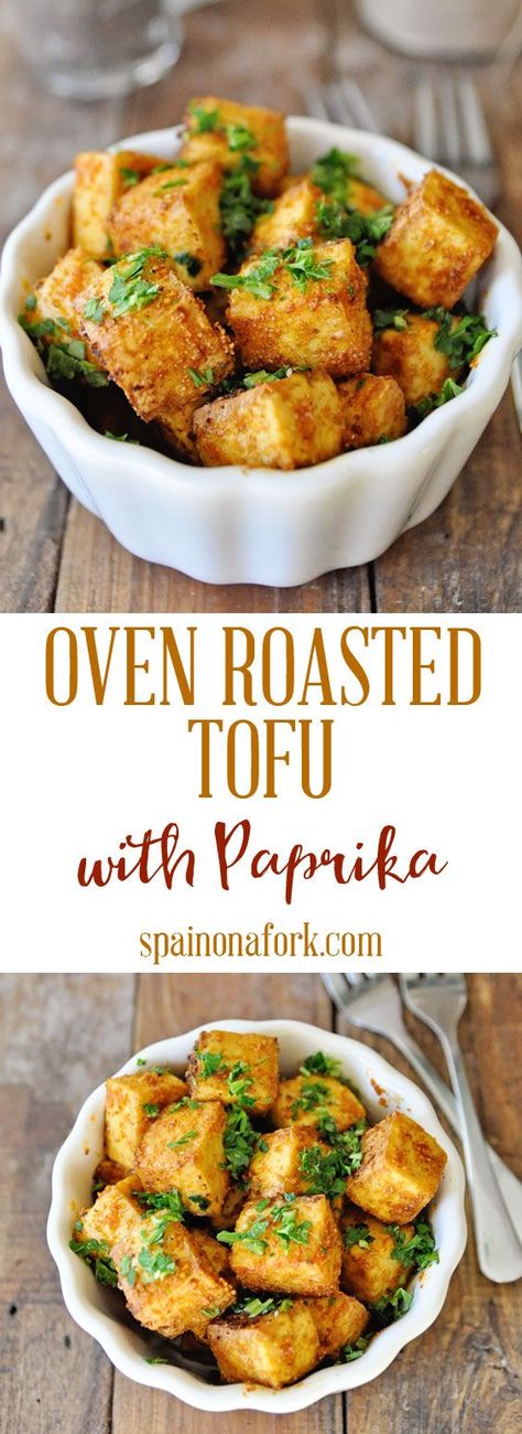 This Oven Roasted Tofu with Spanish Paprika and Parsley has an incredible flavor and beyond easy to make. Learn how to perfectly roast tofu everytime. Soup Recipes Vegetable, Tofu Ideas, Roasted Tofu, Vegan Appetizers, Tofu Recipes, Tempeh, Oven Roast, Clean Recipes, International Recipes