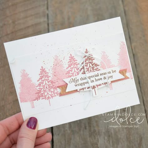 Stampin Up Pink Christmas Cards, Pink Christmas Card Ideas, Pink Christmas Cards Handmade, Stampin Up Christmas Cards 2019-2020, Stampin Up Perfectly Plaid, Christmas Cards Pink, Pink Christmas Cards, Winter Karten, Whimsical Trees