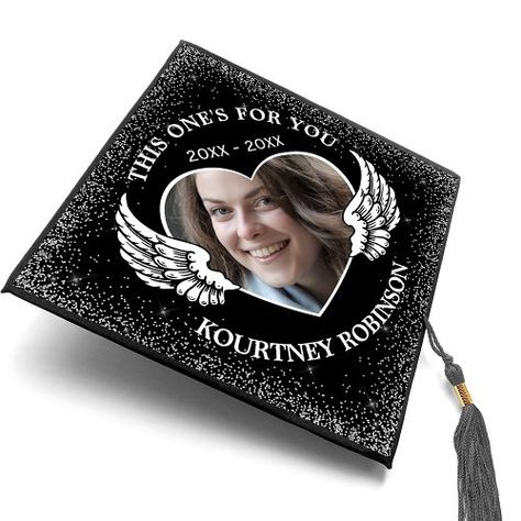 $22.05 | Memorial Photo #graduate, in loving memory, photo, celebration of life, remembrance, heaven angel wings, tribute, in honor of, acknowledgement, class of 2023 Graduation Cap Tassel, Funny Graduation Caps, Graduation Cap Toppers, Graduation Cap Designs, Graduation Cap Decoration, Heart Photo, Cap Decorations, Class Of 2023, Cap Designs