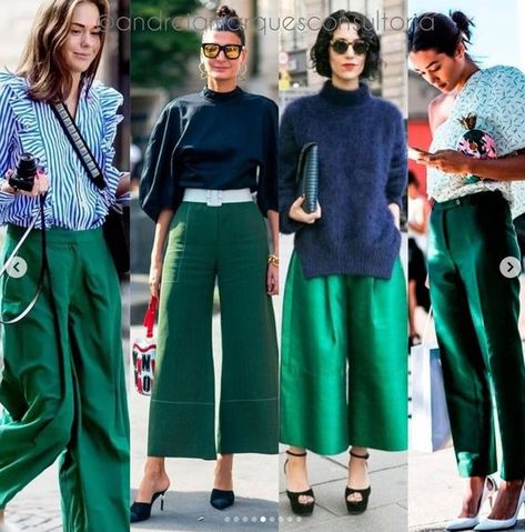 Green Wide Leg Crop Pants Outfit, Green Gaucho Pants Outfit, Smart Casual Green Outfit, Bottle Green Trousers Outfit, Green Cullotes Outfit Casual, Forest Green Trousers Outfit, Bright Green Trousers Outfit, Emerald Green Pants Outfit Color Combos, Green Pants Office Outfit