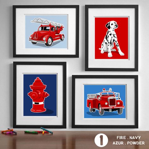 Fire Truck art fire truck decor Vintage fire engine by PaperLlamas Fireman Nursery, Firefighter Bedroom, Fire Truck Bedroom, Fire Truck Room, Fireman Art, Firetruck Bed, Firefighter Room, Fire Truck Nursery, Truck Bedroom