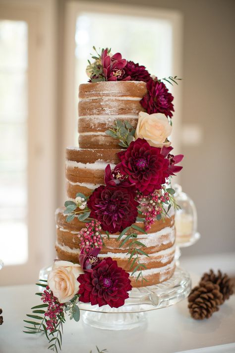 Rustic Naked Cake with Burgundy Dahlias | Ashley Cook Photography | Jewel Toned Autumn Woodland Wedding Shoot Dahlia Wedding Bouquets, Dark Red Wedding, Burgundy Wedding Cake, Dahlias Wedding, Naked Cakes, Fall Wedding Cakes, Cool Wedding Cakes, Wedding Winter