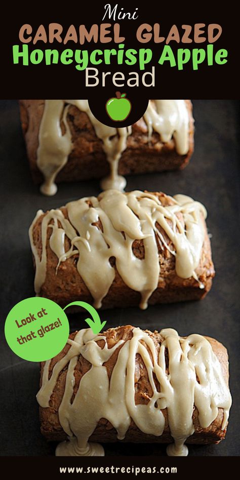 These Mini Caramel-Glazed Honeycrisp Apple Bread are full of fall flavors with the used of Honeycrisp apples, brown sugar, buttermilk and thick caramel glaze. #fallbaking #falldesserts #fallbakingrecipes #falltreats #honeycrisp #apple #bread Apple Maple Bread, Apple Recipes Honeycrisp, Caramel Apple Bread, Baking With Honeycrisp Apples, Mini Loaf Apple Bread, Honeycrisp Apple Recipes, Apple Bread With Caramel Glaze, Fall Caramel Apples, Apple Bread Recipe