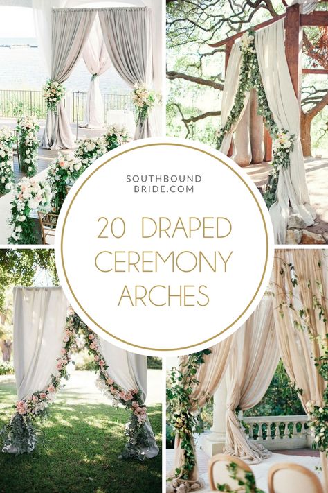 Wedding Arbor Fabric Draping, Wedding Arbor Draping Ideas, Wedding Arbor Draping, Arbor Drapery Wedding, Drape Arch Wedding, Simple Arch Decor, Arbor Draping Wedding, Wedding Pergola Decorations Draping, Wedding Arch Drapery Ideas