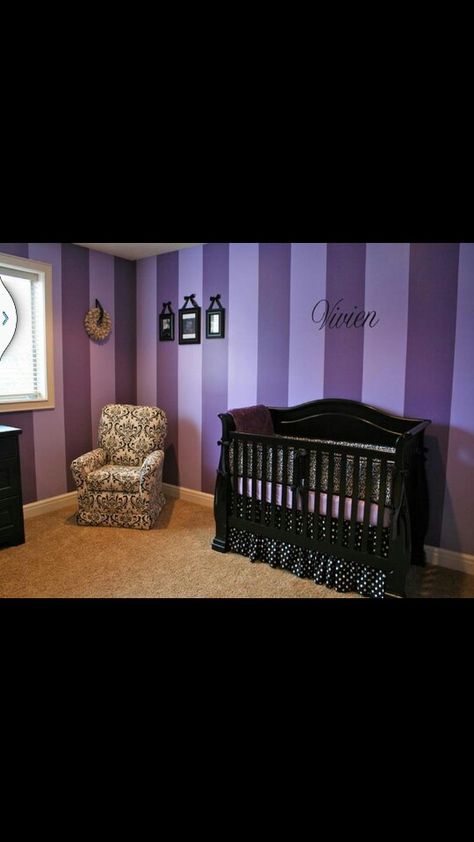 purple striped walls. Maybe do in pink or even teal for Alice in Wonderland room? I like the purple though too Purple Striped Walls, Purple Baby Rooms, Wonderland Bedroom, Purple Accent Walls, Wonderland Room, Lavender Nursery, Black Nursery, Purple Nursery, Girl Nursery Bedding