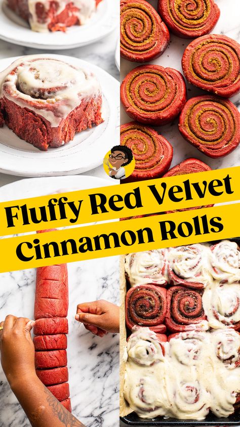 Valentines Desserts Red Velvet, Pink Velvet Cinnamon Rolls Recipe, Red Velvet Cinnamon Rolls Recipe, Pink Velvet Cinnamon Rolls, Red Velvet Cinammon Roll, Cream Cheese Glaze, Holiday Dessert Recipes, Red Food Coloring, Box Cake Mix