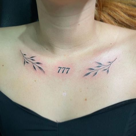 @rebekkerz on Instagram: "Minimal chest tattoos and angel numbers for @ladiablatatuada,, thank you darling for sitting so well ✨ Done at @blacksheepbodyarts #arubatattoo #arubatattooartist #angelnumbers #cheyennetattooequipment #dynamicink #dynamicblack #minimaltattoo #chesttattoo #tatuaje #angelnumbertattoo #finelinetattoo #fineline #delicatetattoo #symmetricaltattoo #collarbonetattoo #solnova #solnovamachine" Angel Number On Chest, Collar Bone Tattoo Angel Numbers, Angel Number Collar Bone Tattoo, Angel Numbers Chest Tattoo, Middle Of Collar Bone Tattoo, Chest Number Tattoo, Minimal Chest Tattoo, Angel Number Neck Tattoo, Symmetrical Collar Bone Tattoo