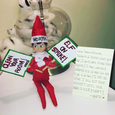 Elf on the shelf says clean your room! Elf Dirty Room, Messy Room Elf On The Shelf, Elf On The Shelf Dirty Room, Elf On The Shelf Messy Room, Clean Your Room Elf On The Shelf, Elf Clean Your Room, Elf On The Shelf Messy Ideas, Elf Ideas Easy, Easy Elf On The Shelf