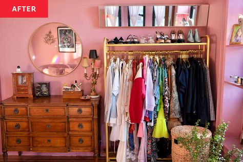 After: a pink bedroom wall with a gold metal closet in the corner Corner Closet Bedroom, Small Pink Closet Ideas, Eclectic Closet Room, Boho Dressing Room Ideas, Boho Closet Room, Glam Pink Bedroom, Bedroom Without Closet, Open Closet In Bedroom, Makeshift Closet