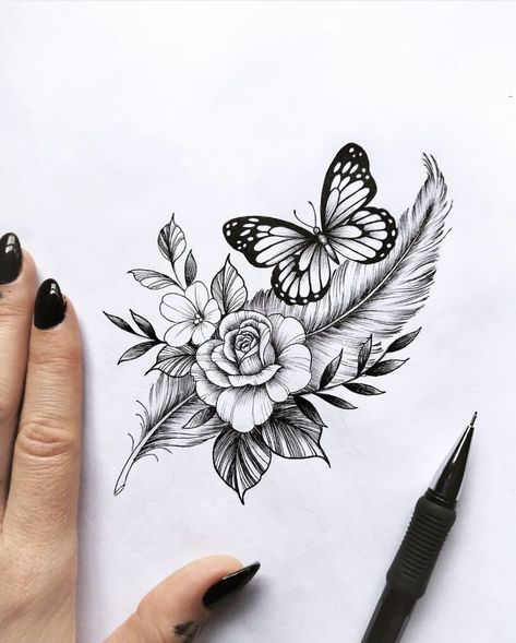 Rose And Butterfly Tattoo Design, Butterfly Tattoo Design, Rose And Butterfly Tattoo, Butterfly With Flowers Tattoo, Wrist Tattoo Cover Up, Small Chest Tattoos, Anklet Tattoos, Feather Tattoo Design, Beautiful Flower Tattoos