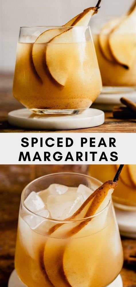 These unique pear margaritas feature a spiced pear simple syrup made with honey, cinnamon, nutmeg, clove and ginger. Shaken with tequila, lime and ginger liqueur, these margs are warm and cozy—perfect for fall and winter! Ginger Syrup Cocktail, Pear Drinks, Boozy Pops, Pear Liqueur, Simple Syrup Cocktails, Pear Cocktails, Ginger Cocktails, Cookie Board, Honey Simple Syrup