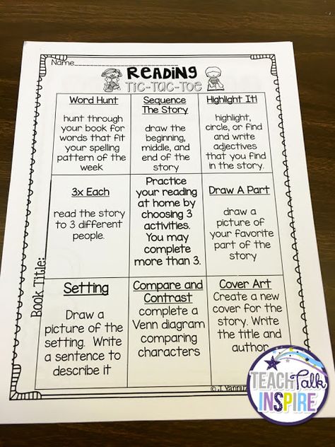 Reading Tic Tac Toe Menus-a new approach to homework and book in the bags! Homework Menu, First Grade Homework, Teaching Comprehension, Reading Homework, Reading Incentives, Montessori Language, Time Change, Choice Boards, 3rd Grade Reading