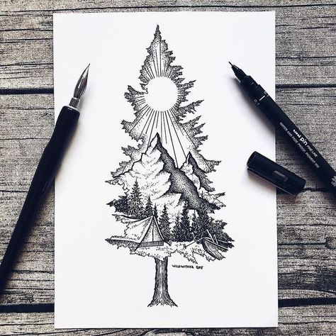 This....except with Birdseye as the mountain ❤️ Camping Pictures, Beautiful Pencil Drawings, Kunst Tattoos, Tattoo Zeichnungen, Sketch Tattoo Design, Mountain Tattoo, Nature Tattoos, Tree Tattoo, Skin Art