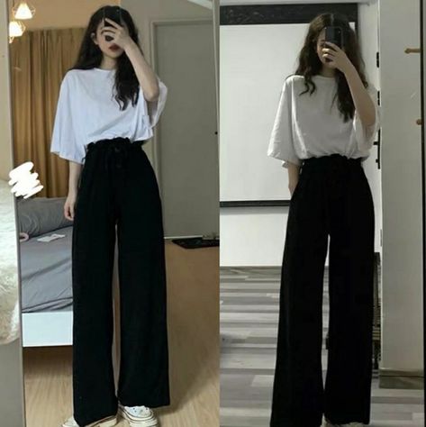 Korean Casual Outfits Simple, Square Pants Outfit, Korean Simple Outfits, Loose Pants Outfit Korean, Korean Black Shirt Outfit, Black Trousers Outfit Korean, Korean Fashion Black Pants, Simple Korean Outfits, Simple Outfit Ideas For School