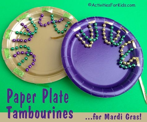 Paper plate tambourine is a perfect Mardi Gras Activity for Kids.  Easy enough for pre-school children and inexpensive to make.  Find more Mardi Gras crafts for kids at ActivitiesForKids.com. Mardi Gras Crafts For Kids, Music Crafts Preschool, Mardi Gras Activities, Mardi Gras Kid, Instrument Craft, Mardi Gras Crafts, Diy Instruments, Music Crafts, Diy Musical Instruments