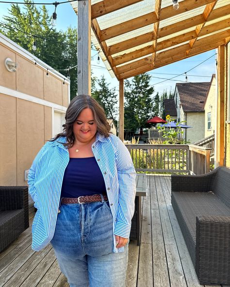 My color of the summer? BLUE. I’ve been absolutely obsessed with button-up shirts lately, so of course I had to try a classic style from @universalstandard. This Elbe Stretch Poplin Shirt fits like a true button-up and could easily be worn for a more professional style (including hidden snaps to avoid any gaps!). But since it’s still summer for a bit I leaned into the more casual style. Also if you somehow missed the memo, I’m a US partner so you can use code INFS-AMBAMY to get 10% off yo... Fat Art, Professional Style, My Color, Over Sized, Summer Blue, Shirt Fits, Professional Fashion, Poplin Shirt, Style Ideas