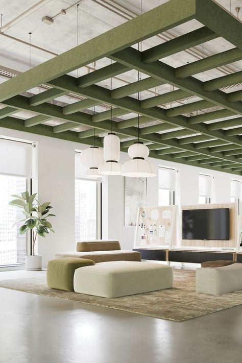 Open Office Ceiling Design, Green Ceiling Design, Open Office Ceiling, Grid Ceiling Design, Corporate Office Design Workspaces, Green Office Interior, Open Ceiling Design, Green Office Space, Acoustic Ceiling Design