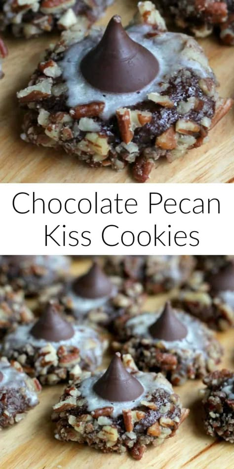 Fudgy Chocolate Pecan Cookies with Hershey Kisses and a sweet powdered sugar glaze. A delicious, fudgy cookie that will become a family tradition! What To Do With Hershey Kisses, Hersheys Kisses Recipes, Chocolate Sugar Kiss Cookies, Hershey Cookie Recipes, Hersheys Chocolate Recipes, Cherry Cookies With Hershey Kiss, Desserts With Hershey Kisses, Chocolate Kisses Recipes, Hershey Kiss Desserts