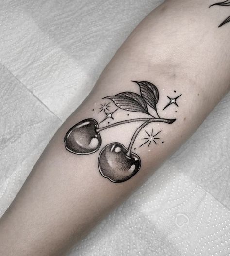 Cherry Waves Tattoo, Cherry Tattoo Black, Sweets Tattoo, Black Cherry Tattoo, Cherry Tattoo, Tattoos 2024, Fruit Tattoo, Cherry Tattoos, Half Sleeve Tattoos Drawings