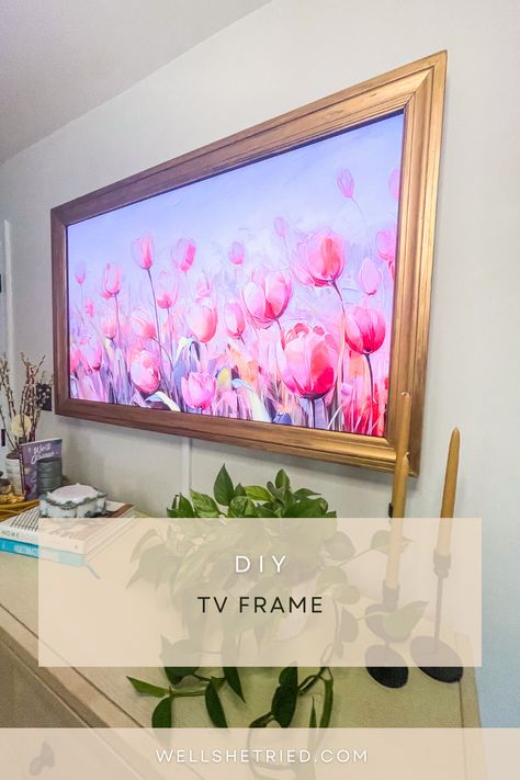 Framing Tv On Wall, Frame Around Tv, Diy Tv Frame, Build A Picture Frame, Diy Crown Molding, Picture Molding, Hidden Tv, Tv Frame, Black Spray Paint