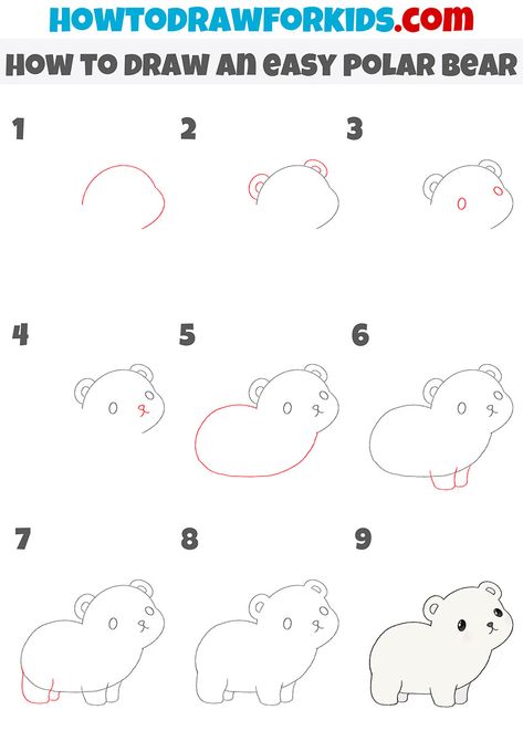 Cute Bear Drawings Easy, How To Draw A Polar Bear, How To Draw A Bear, Draw Polar Bear, Draw A Polar Bear, Mystery Drawing, Polar Bear Drawing, Hedgehog Drawing, Easy Drawing Steps