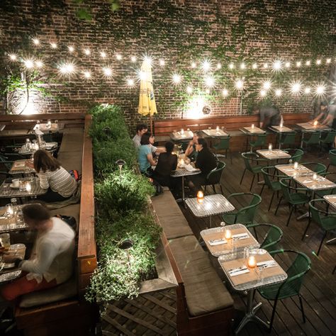 {on the list of best Modern Mexican Restaurants} Gran Eléctrica, Brooklyn Wine Interior Design, Urban Yard, Beer Garden Design, Beer Garden Ideas, Brick Cafe, Outdoor Restaurant Patio, Cafe Seating, Restaurant Patio, Restaurant Seating