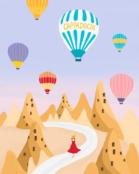 Jerris Wen on Instagram: “[Turkey Travel Illustration-8]  What a hot air balloon experience in Cappadocia  #turkey🇹🇷 #turkeyday #travelturkey #cappadociaturkey…” Hot Air Balloon Sketches, Cappadocia Illustration, Turkish Illustration, Traveling Drawing, Hot Air Balloon Painting, Hot Air Balloon Illustration, Turkey Illustration, Baloon Art, Hot Air Balloon Tattoo