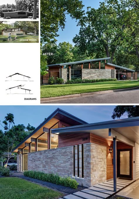 This Mid-Century Modern House In Austin, Texas Received A Contemporary Update Contemporary Adobe Homes, Narrow Mid Century Modern House, Modern Skillion Roof House, Mid Century Modern Facade, Midcentury House Exterior, Flw Architecture, Mid Century Bungalow, Mid Century Modern House Exterior, Mid Century Modern Ranch