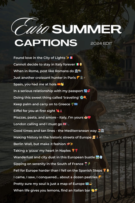 Euro Summer https://www.elevateheragency.com/blogs/the-blog/euro-summer-aesthetic-captions For Instagram & TikTok Euro Summer Captions, European Summer Captions, Europe Instagram Captions, Summer Captions For Instagram, Euro Summer Aesthetic, Aesthetic Captions For Instagram, Summer Captions, Insta Tips, Captions For Instagram Posts