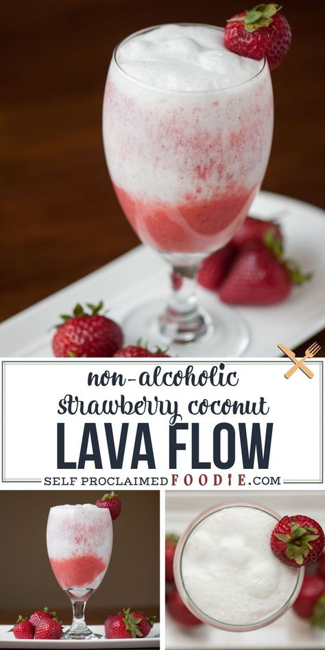 This blended non-alcoholic Strawberry Coconut Lava Flow made with fresh strawberries, pineapple juice and coconut cream is the perfect tropical mocktail. #lavaflow #strawberry #coconut #pineapple #blended #nonalcoholic #kidfriendly #drink #mocktail Hawaiian Punch Recipes, Romantic Drinks, Mocktail Drinks, Virgin Drinks, Alcohol Free Drinks, Strawberry Drinks, Hawaiian Punch, Coconut Drinks, Drink Recipes Nonalcoholic