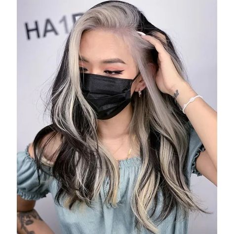 COLOR BLOCKING TREND: MONEY PIECES + POPS OF COLOR - Behindthechair.com Long Grey Hair, Grey Hair, Her Hair, Long Hair, Color Blocking, Face Mask, Hair Color, Blonde, Mask