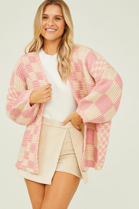 Lauren Checkered Cardigan in Pink | Altar'd State Checkered Cardigan Outfit, Created Colorful, Checkered Cardigan, Maternity Cardigan, Short Dress White, Athleisure Dress, Matching Sets Outfit, Spring Color, Chunky Cardigan