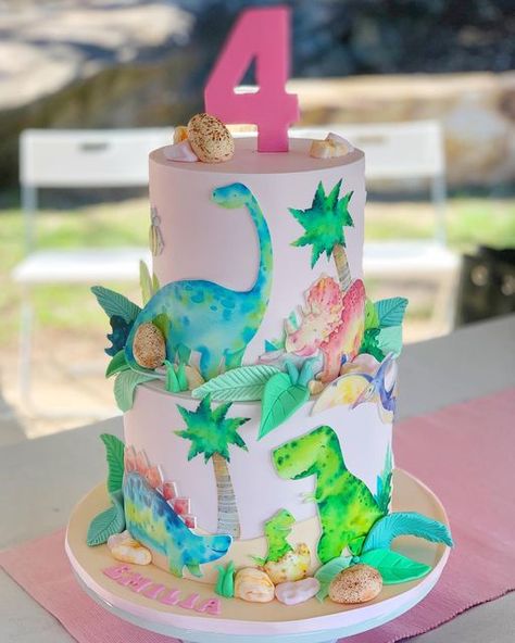 Pastel Dinosaur Cake, Rainbow Dinosaur Birthday Cake, Three Rex Birthday Party Girl Cake, Watercolor Dinosaur Cake, Girl Dinosaur Birthday Cake, Girl Dinosaur Cake, Girly Dinosaur Cake 3rd Birthday, Dinosaur Mermaid Cake, Ballerina Birthday Party Cake