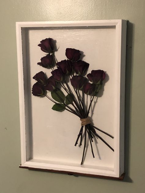 Roses In Shadow Box Diy, Frames With Dried Flowers, Dried Rose Decoration, Save Roses Dried Flowers, Shadow Box Roses, Things To Do With Dried Roses, Dried Rose Decor, Ideas For Dried Roses, Dried Roses Shadow Box Ideas