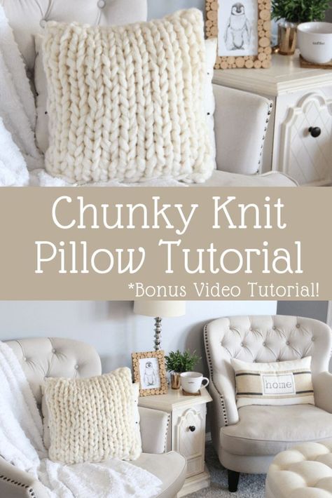 Chunky Pillow, Knitting Pillow, Diy Knit Blanket, Chunky Knit Pillow, Bamboo Knitting Needles, Pillow Tutorial, Knit Pillow, Blanket Diy, Chunky Blanket