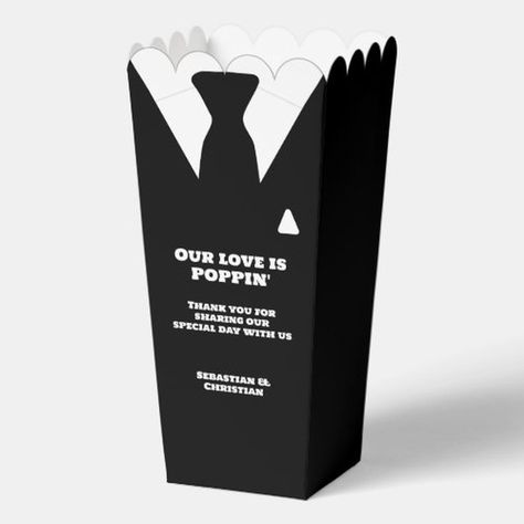 Our Love is Popping Wedding suit and tie Favor Boxes from #Ricaso. A fun popcorn themed favor box for your wedding guests. Fill it with popcorn for a fun wedding addition. Add the couples names and date of wedding (or other text) designed with a black suit and tie (other colors available in store, perfect to mix and match) https://www.zazzle.com/our_love_is_popping_wedding_suit_favor_boxes-256103804025824458 #gaywedding #wedding #samesexwedding #twogrooms #groom #weddingfavor #favor #popcor... Black Suit And Tie, Fun Popcorn, Favor Ideas, Gay Wedding, Wedding Suit, Black Suit, Wedding Guests, Favor Boxes, Suit And Tie