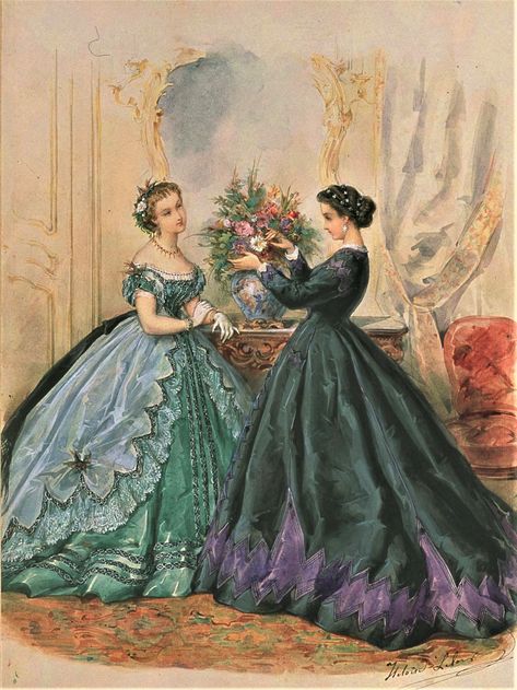 1850s Paintings, Xix Century Fashion, 1850s Aesthetic, 1860s Fashion Plates, 19th Century Fashion Women, 1850s Fashion Plate, Romantic Era Fashion, Rokoko Fashion, Victorian Fashion Plates