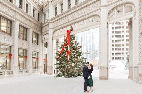 Christmas engagement photos in downtown Chicago Chicago Christmas Photoshoot, Chicago Winter Engagement Photos, Christmas Engagement Photos, Military Engagement Photos, Chicago Christmas, Chicago Engagement Photos, Chicago Winter, Christmas Engagement, Chicago Engagement