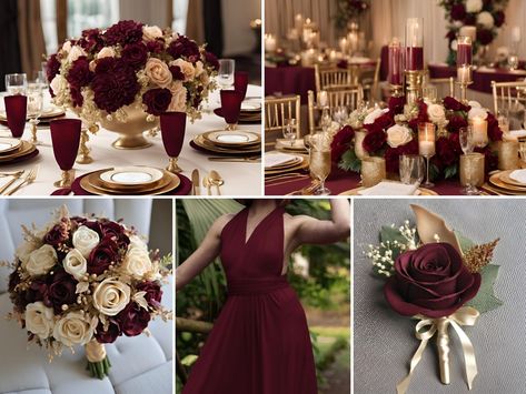 Burgundy Wedding Color Ideas: Beautiful Burgundy and Champagne Gold Wedding Ideas - Francisca's Bridal Maroon And Gold Wedding Theme Bridesmaid Dresses, Maroon Gold And White Wedding Decor, Black Burgundy Ivory And Gold Wedding, Wine And Champagne Wedding Colors, Garnet And Gold Wedding, Burgundy Gold Wedding Theme, Burgundy And Champagne Wedding Decor, Burgundy And Gold Wedding Reception, Wine And Gold Wedding