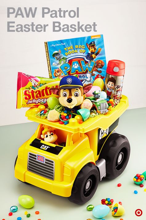 Here’s a creative way to get the children pumped up for the Easter bunny: Gather up their favorite candy and toys in a totally unique basket substitute, like this toy truck filled with PAW Patrol awesomeness. Paw Patrol Easter Basket, Simple Easter Baskets, Boys Easter Basket, Easter Basket Ideas, Kids Easter Basket, Easter Goodies, Easter Basket Diy, Easter Gift Baskets, Boys Easter