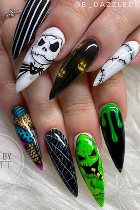 #halloweennailart #halloweennails #acrylicnails #acrylicnaildesigns #nailsdesign Before Christmas Nails, Nightmare Before Christmas Nails, Disney Acrylic Nails, Horror Nails, Holloween Nails, Halloween Acrylic Nails, October Nails, Christmas Nails Acrylic, Disney Nails