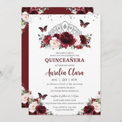 Quinceañera Burgundy Blush Floral Silver Crown Invitation Crown Quinceanera, Lollipop Party, Quince Invitations, Mexican Spanish, Red Blush, Invitation Elegant, Princess Tiara, 18th Birthday Party, Rich Burgundy