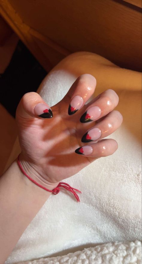 Black And Red French Tip Nails Coffin, Black French Tip Red Heart, Red And Black French Tip Nails, Red Hearts Nails, Doodle Bops, V Day Nails, Black Frenchies, Dance Nails, Hearts Nails