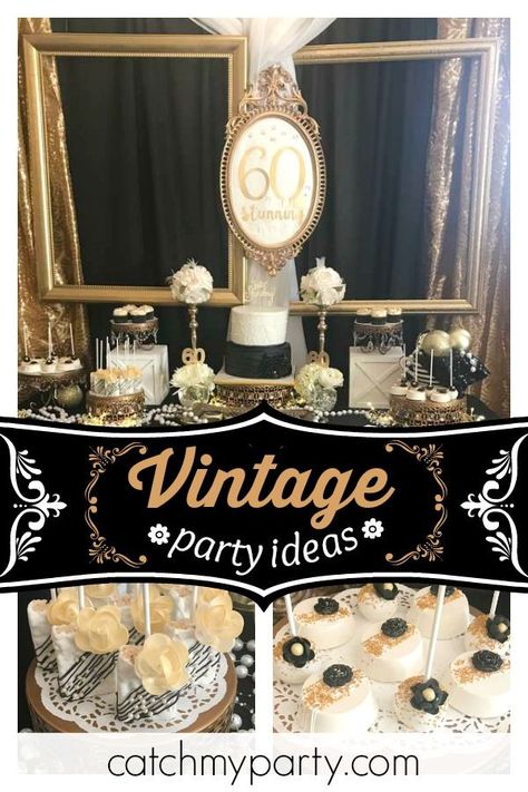 Don't miss this gorgeous vintage 60th birthday party! The dessert table is stunning!! See more party ideas and share yours at CatchMyParty.com  #catchmyparty #partyideas #60thbirthdayparty #vintageparty #glamparty Vintage 60th Birthday Party, Diy 60th Birthday Decorations, Vintage Birthday Party Ideas, 60th Birthday Centerpieces, 60th Birthday Party Themes, Birthday Party Ideas For Adults, 60th Birthday Theme, 60th Birthday Ideas For Mom, Vintage Birthday Party