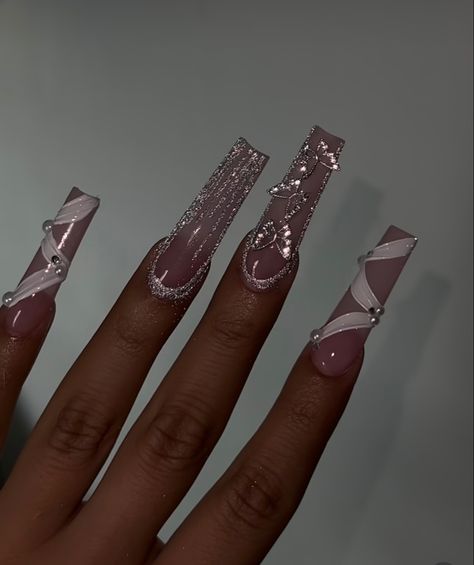 White Birthday Nail Ideas, Sliver Nails Ideas Long, Chrome And Pink Nails, 17th Birthday Nail Ideas, 21 Birthday Nails Designs, Pink Birthday Nails Acrylic, 17th Birthday Nails, 21st Birthday Nail Ideas, White Birthday Nails